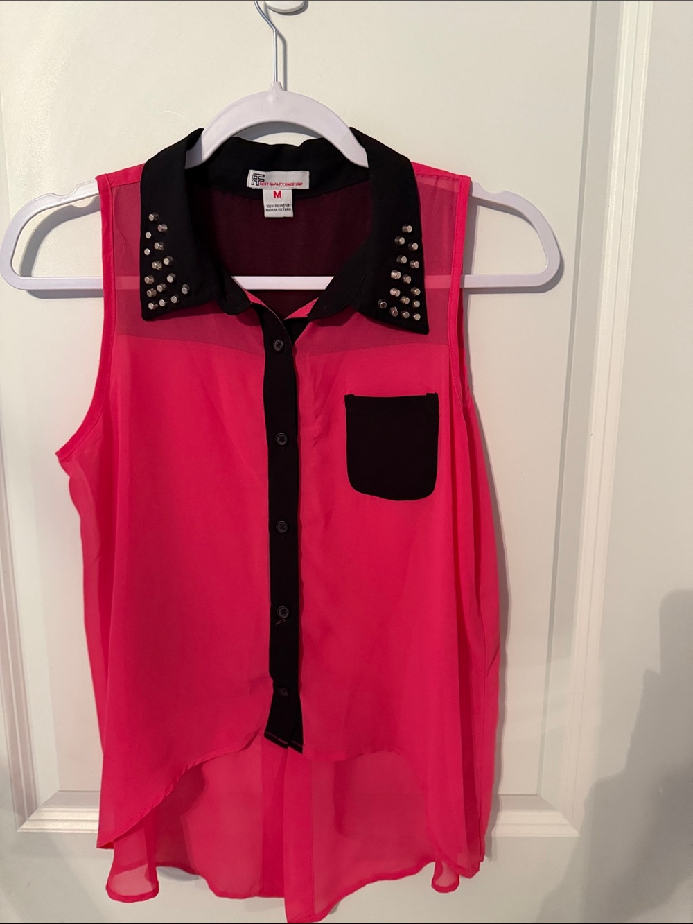 Sleeveless Studded Collar Blouse in Hot Pink and Black